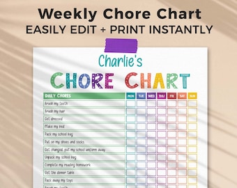 Rainbow Chore Chart for Kids, editable printable | Daily + Weekly responsibility routine with goals, reward template | instant download C01