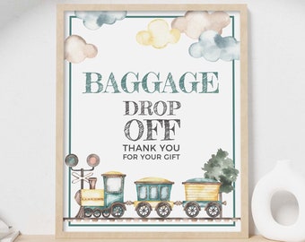 Vintage Train Party printable sign, baggage drop off gift table decor | Thank you sign 8 x10, Boys watercolor transport INSTANT DOWNLOAD T01