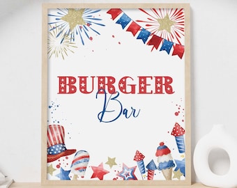 4th of July Party Sign, Burger Bar printable food table decor | Patriotic, Independence Day BBQ American block party INSTANT DOWNLOAD A01