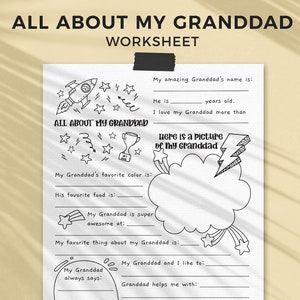 All About Granddad Father&#39;s Day printable gift questionnaire | Fill in the blank grandfather kids classroom activity, INSTANT DOWNLOAD F01