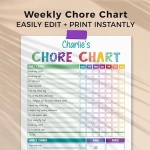Rainbow Chore Chart for Kids, editable printable | Daily + Weekly responsibility routine with goals, reward template | instant download C01