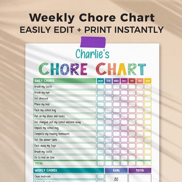 Rainbow Chore Chart for Kids, editable printable | Daily + Weekly responsibility routine with goals, reward template | instant download C01