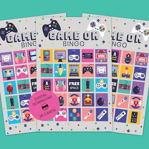 GAME ON Jeu vidéo Bingo Party Game 30 cartes uniques | Jeu d'anniversaire pour garçons imprimable | Téléchargement instantané | Fête de jeu G01