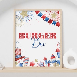 4th of July Party Sign, Burger Bar printable food table decor | Patriotic, Independence Day BBQ American block party INSTANT DOWNLOAD A01