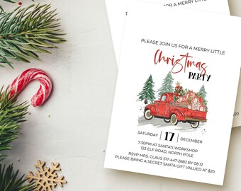 Christmas Party Invitation, Red Watercolor Truck editable printable | Vintage farmhouse style instant download, DIY invite template C02