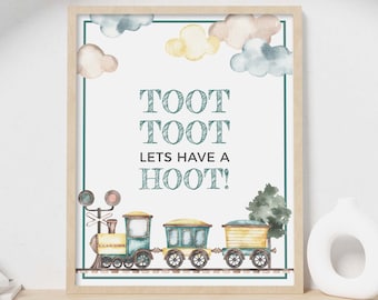 Vintage Train Party printable sign, Toot Toot Lets Have a Hoot table decor | Welcome party sign 8 x10, Boys transport INSTANT DOWNLOAD T01