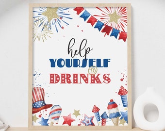 4th of July Party Sign, Help Yourself to the Drinks printable table decor | Patriotic Independence Day BBQ, block party INSTANT DOWNLOAD A01
