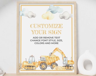 Editable Construction Birthday Party Welcome Sign | Custom printable table decor, dozer, digger, dump truck food poster instant download C03
