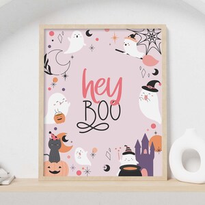Pink Halloween Ghost printable party sign, Hey Boo | Girls Halloween Birthday table decor, trick or treat welcome sign INSTANT DOWNLOAD H04