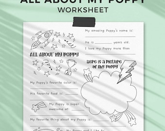 May include: A white paper worksheet titled All About My Poppy with black line art illustrations including a rocket, trophy, stars, and lightning bolt. The page features fill-in-the-blank prompts for a child to write about their grandfather.