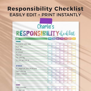 Kids Responsibility Checklist, Editable Chore Chart | Printable Rainbow Daily Routine Tracker (Instant Download) C01