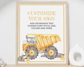 Editable Dump Truck Construction Birthday Party Welcome Sign | Custom printable table decor, watercolor food poster instant download C03