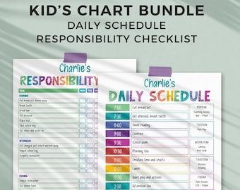 Rainbow Editable Chart Bundle for Kids, Daily Schedule + Responsibility Checklist | Printable Daily + Weekly routine INSTANT DOWNLOAD C01