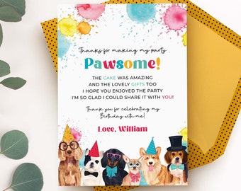 Dog Party Thank You Card | Puppy pawty Birthday, editable printable boys or girls | With thanks note DIY template, instant download D02