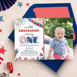 4th of July 1st Birthday Photo Invitation, Our Little Firecracker is One editable template | Independence Day printable INSTANT DOWNLOAD A01