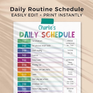 Rainbow Daily Schedule Chart, editable printable | Kids Daily + Weekly Routine Planner (Instant Download) C01