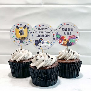 Printable Gamer Cupcake Toppers, editable grey retro arcade video gaming party | Game on Birthday favor cookie tags, INSTANT DOWNLOAD G01