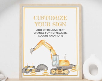 Editable Digger Construction Birthday Party Welcome Sign | Custom printable table decor, watercolor vehicle food poster instant download C03