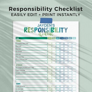May include: A printable responsibility checklist titled Jayden's Responsibility Checklist with sections for morning, afternoon, and evening tasks. The document features a grid for days of the week, task rows, and a total row, designed for tracking daily chores.