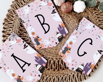 Halloween Banner, pink ghost editable template | Cute girl&#39;s Halloween party decor, printable custom sign, flag bunting INSTANT DOWNLOAD H04