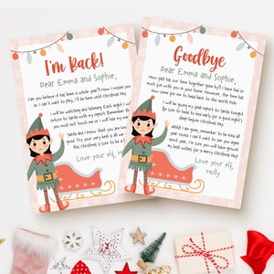 Puede incluir: Dos cartas ilustradas de color rosa y blanco de un elfo a dos niños llamados Emma y Sophie. Las cartas tratan sobre el regreso del elfo del Polo Norte y su partida al Polo Norte. Las cartas están decoradas con luces de Navidad y un trineo rojo y blanco.