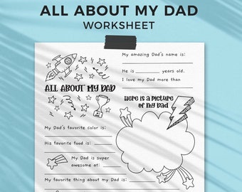 All About Dad Father's Day printable gift questionnaire | Fill in the blank Fathers Day gift, kids classroom activity, INSTANT DOWNLOAD F01