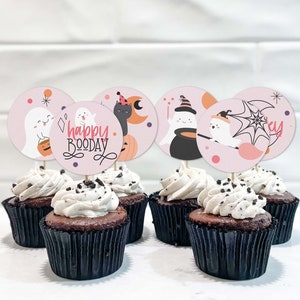 Halloween Cupcake Toppers, bedruckbar | Happy Boo Day Halloween Birthday, rosa Süßer Geist + Katze Kuchen Dekor Plätzchen INSTANT DOWNLOAD H04
