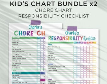 Editable Chart Bundle for Kids, Rainbow Chore Chart + Responsibility Checklist Printable Routine (Instant Download) C01