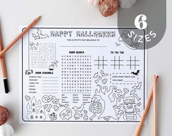 Halloween Activity for Kids, Halloween Activity Placemat | Printable Games, Halloween Coloring Mat Instant Download, Party Table Decor