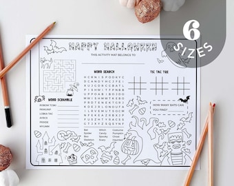 Halloween Activity for Kids, Halloween Activity Placemat | Printable Games, Halloween Coloring Mat Instant Download, Party Table Decor