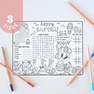May include: A black and white printable Easter activity sheet with a word search, word scramble, and tic-tac-toe game. The sheet features a bunny rabbit, carrots, eggs, and other Easter symbols.