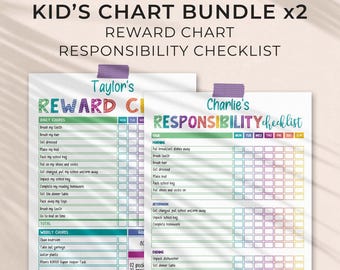 Kids Editable Chart Bundle, Rainbow Reward Chart + Responsibility Checklist | Printable Routine (Instant Download) C01