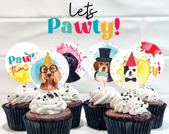 Dog Party Cupcake Toppers, puppy printable cake decor | Let's Pawty Birthday boys or girls | Animal cookie favor tag, instant download D02