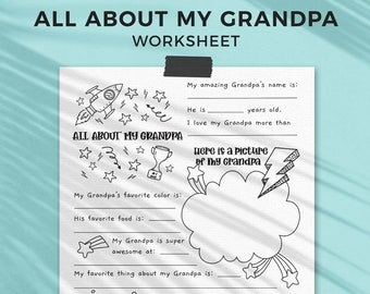 All About Grandpa Father's Day printable gift questionnaire | Fill in the blank grandfather kids classroom activity, INSTANT DOWNLOAD F01