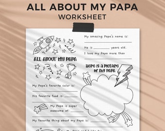 All About Papa Father's Day printable gift questionnaire | Fill in the blank grandfather, dads kids classroom activity, INSTANT DOWNLOAD F01