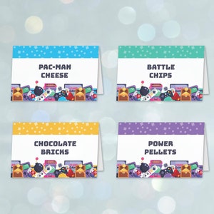 Gamer Party-plaatskaarten voor voedseltenten | bewerkbaar afdrukbaar tafelbord, labels voor videogames | Retro arcade gaming Verjaardag instant download G01