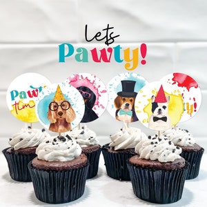 Dog Party Cupcake Toppers, puppy printable cake decor Let's Pawty Birthday boys or girls Animal cookie favor tag, instant download D02 image 1