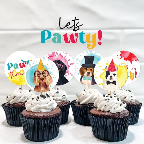 Dog Party Cupcake Toppers, puppy printable cake decor | Let's Pawty Birthday boys or girls | Animal cookie favor tag, instant download D02