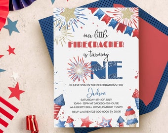4th of July 1st Birthday Invitation, Our Little Firecracker is One editable template | DIY Independence Day printable INSTANT DOWNLOAD A01