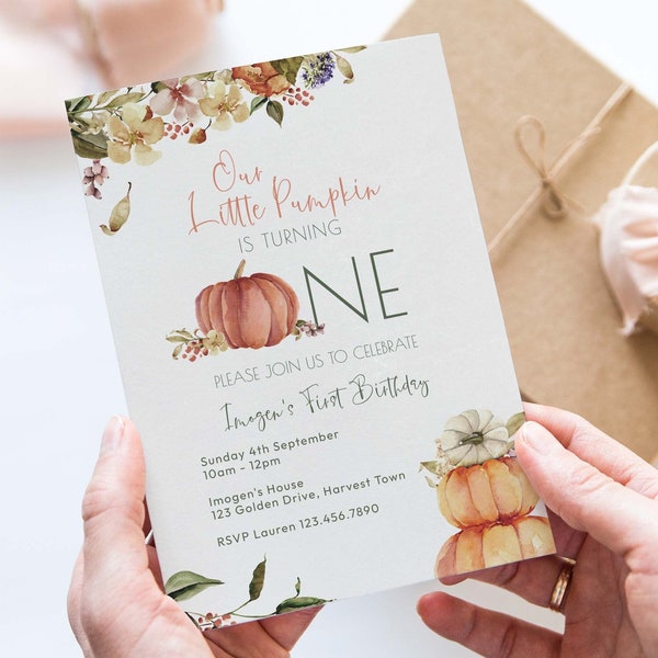 Fall First Birthday Invitation for a girl, our little pumpkin is turning one editable printable | 1st Birthday invite INSTANT DOWNLOAD F02