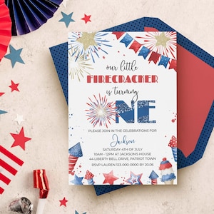 4th of July 1st Birthday Invitation, Our Little Firecracker is One editable template | DIY Independence Day printable INSTANT DOWNLOAD A01