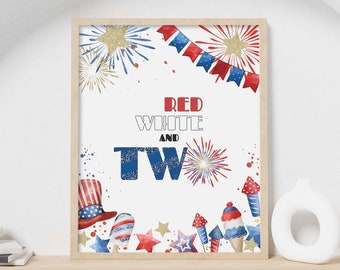 Placa de festa de 4 de julho, fogos de artifício vermelho e branco e duas decorações de mesa para impressão | Placa de boas-vindas do 2º aniversário do Dia da Independência DOWNLOAD INSTANTÂNEO A02