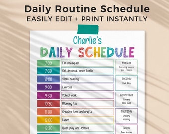 Rainbow Daily Schedule Chart for Kids, editable printable | Daily + Weekly responsibility routine, chore template | INSTANT DOWNLOAD C01