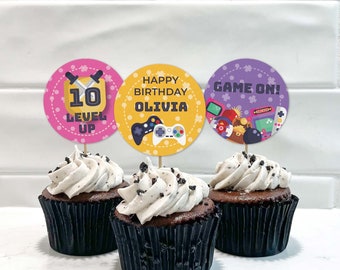 Printable Gamer Cupcake Toppers, editable girls retro arcade video gaming party | Game on Birthday favor cookie tags, INSTANT DOWNLOAD G01