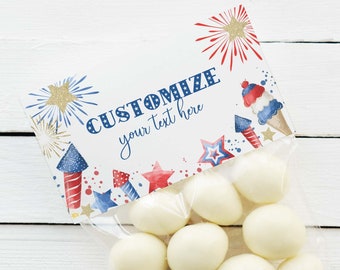 Editable 4th of July Firecracker printable treat bag topper cards | Independence Day patriotic candy favor template, INSTANT DOWNLOAD A01