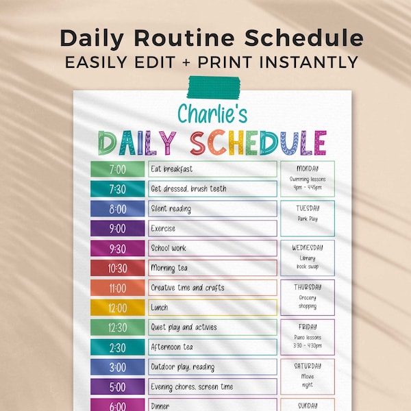 Rainbow Daily Schedule Chart for Kids, editable printable | Daily + Weekly responsibility routine, chore template | INSTANT DOWNLOAD C01