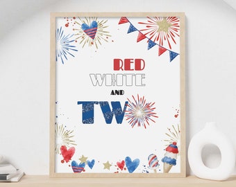 Placa de festa de 4 de julho, corações vermelhos e brancos e dois decoração de mesa para impressão | Placa de boas-vindas para o segundo aniversário do Dia da Independência das meninas DOWNLOAD INSTANTÂNEO A02