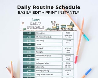 Vintage Train Daily Schedule Chart for Kids, editable printable | Daily + Weekly responsibility routine template | INSTANT DOWNLOAD T01