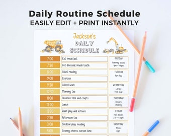 Construction Daily Schedule Chart for Kids, editable printable | Daily + Weekly responsibility routine truck template | INSTANT DOWNLOAD C03