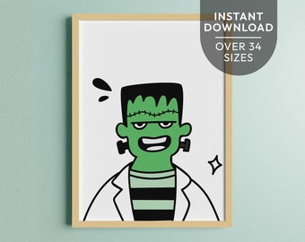 Halloween Wall Art printable, Frankenstein | Spooky kawaii cartoon decor gallery wall | Cute Birthday party decoration INSTANT DOWNLOAD H01